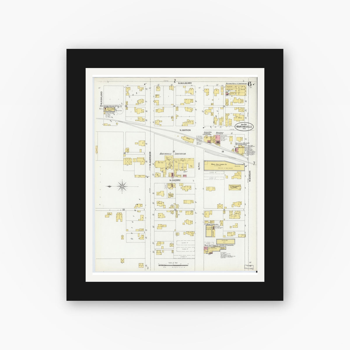 Old map wall art mockup — black gallery frame with white mat — Sanborn Fire Insurance Map from Martinsville, Morgan County, Indiana (1902), Sheet #0006