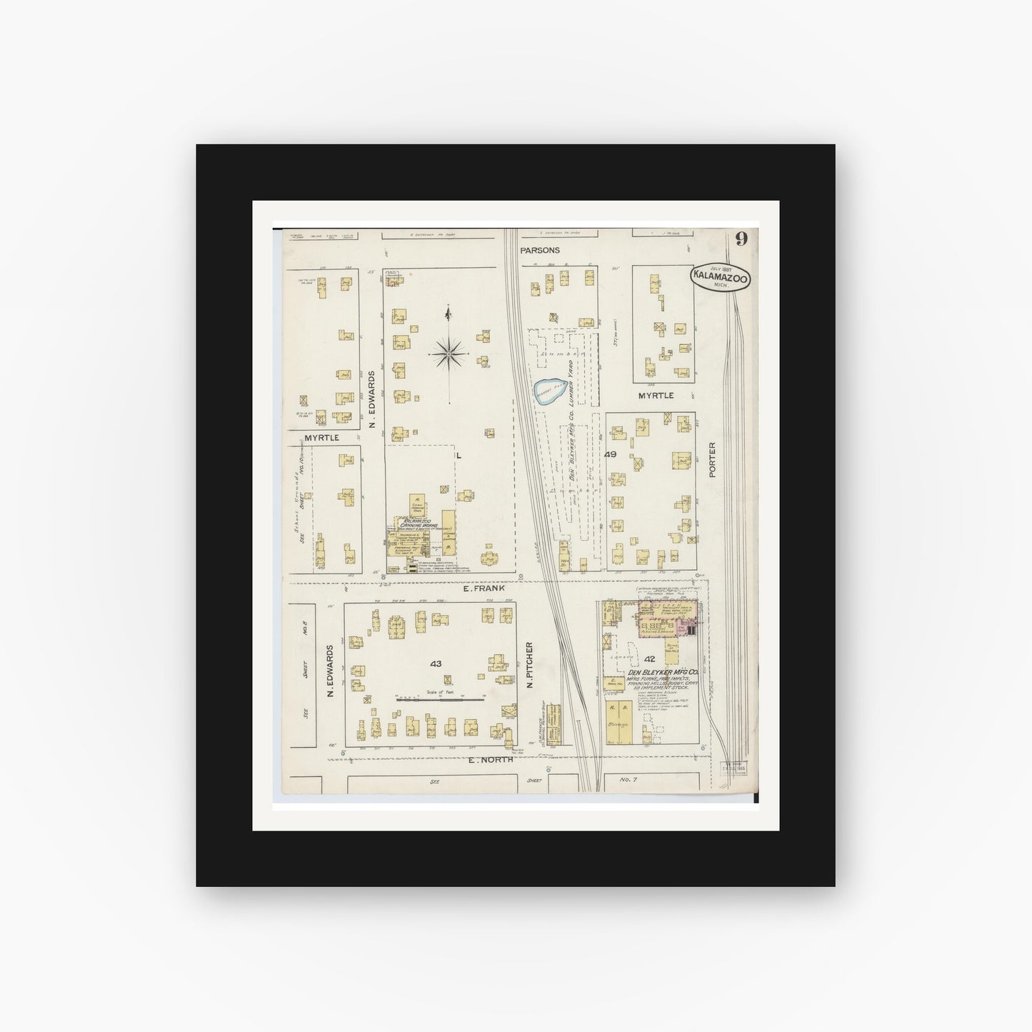 Old map wall art mockup — black gallery frame with white mat — Sanborn Fire Insurance Map from Kalamazoo, Kalamazoo County, Michigan (1887), Sheet #0009