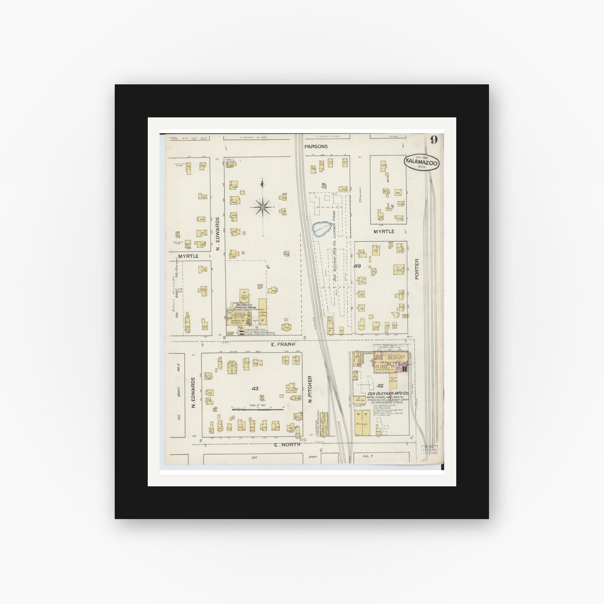 Old map wall art mockup — black gallery frame with white mat — Sanborn Fire Insurance Map from Kalamazoo, Kalamazoo County, Michigan (1887), Sheet #0009