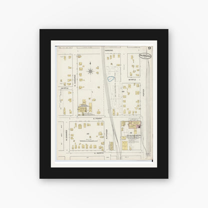Old map wall art mockup — black gallery frame with white mat — Sanborn Fire Insurance Map from Kalamazoo, Kalamazoo County, Michigan (1887), Sheet #0009