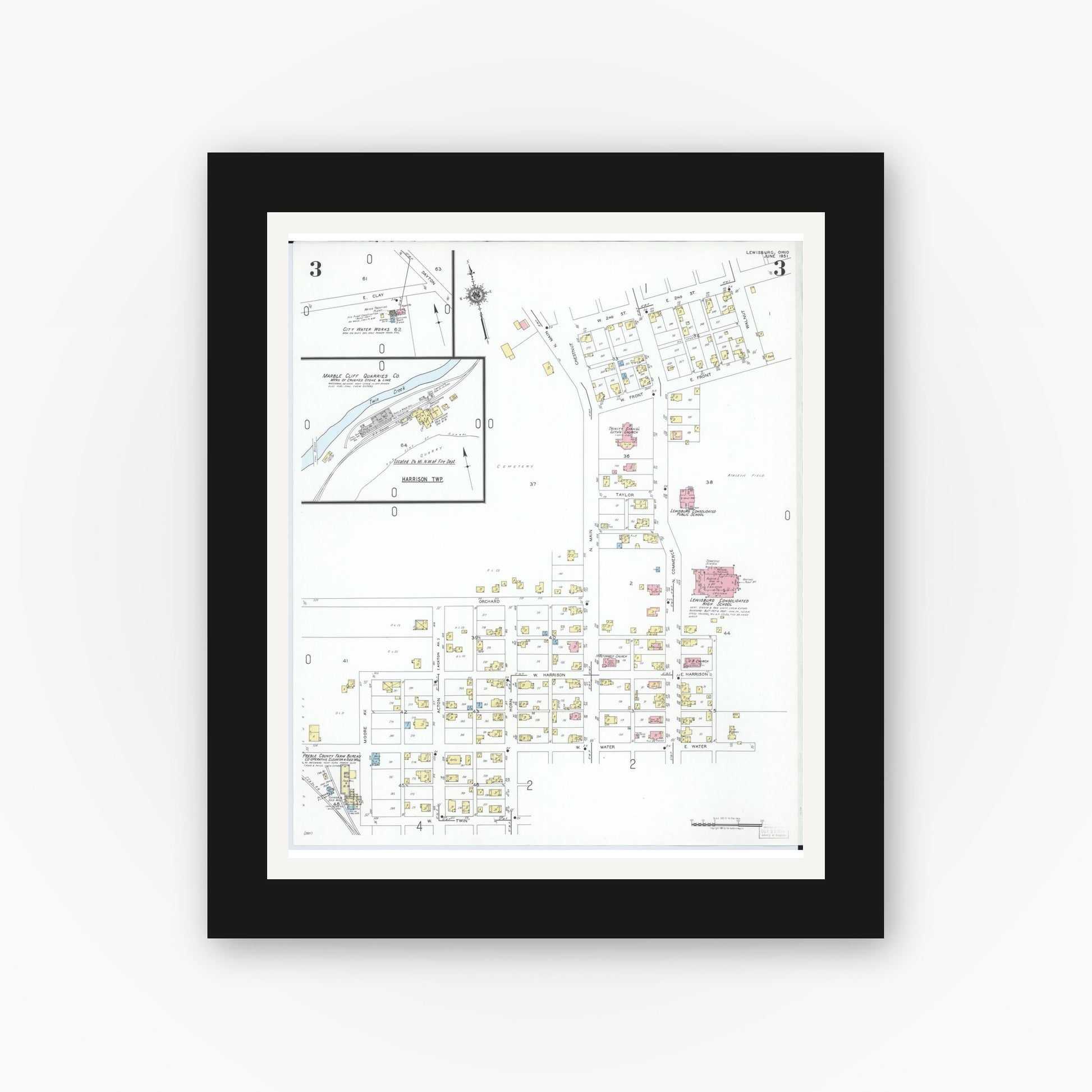 Old map wall art mockup — black gallery frame with white mat — Sanborn Fire Insurance Map from Lewisburg, Preble County, Ohio (1951), Sheet #0003