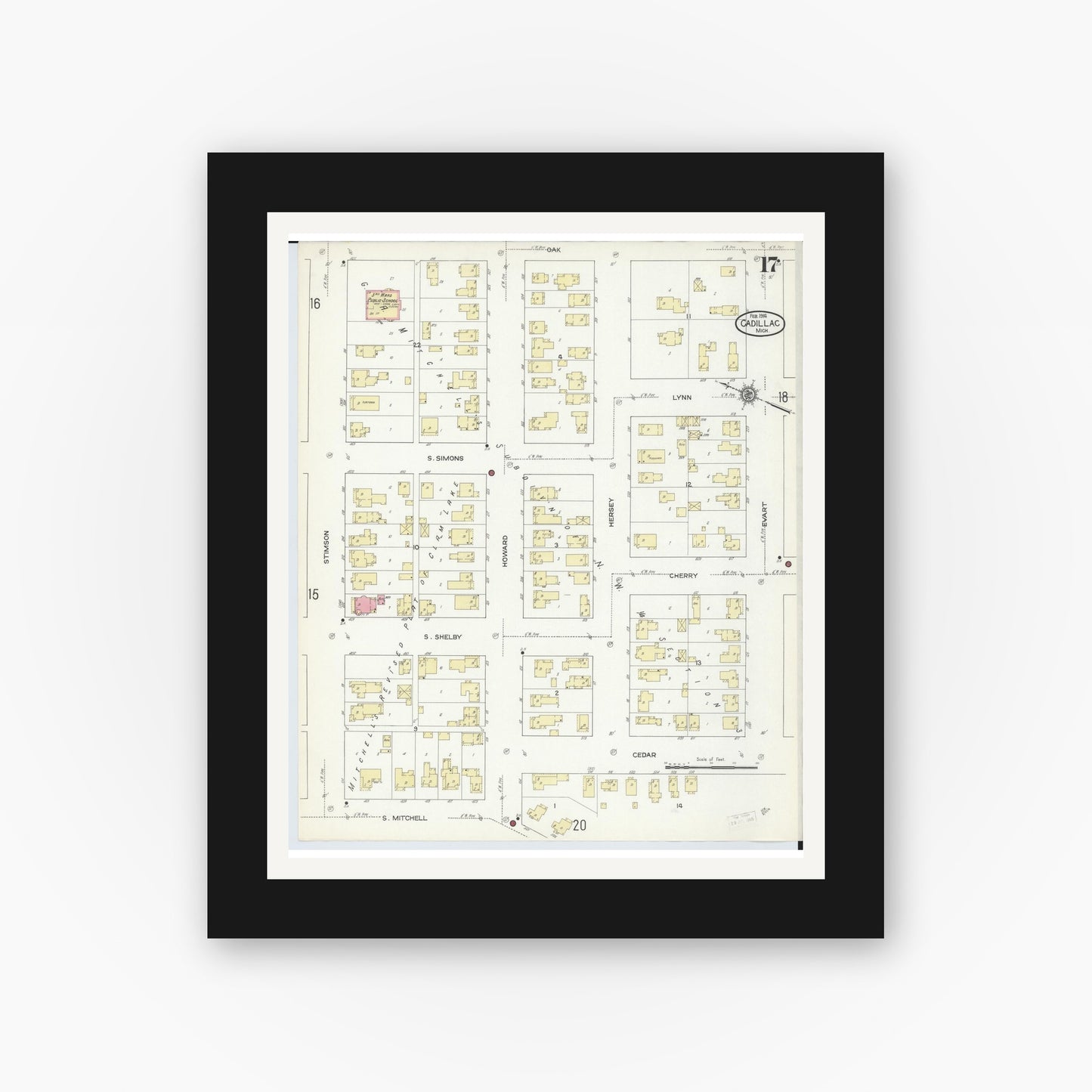 Old map wall art mockup — black gallery frame with white mat — Sanborn Fire Insurance Map from Cadillac, Wexford County, Michigan (1914), Sheet #0017