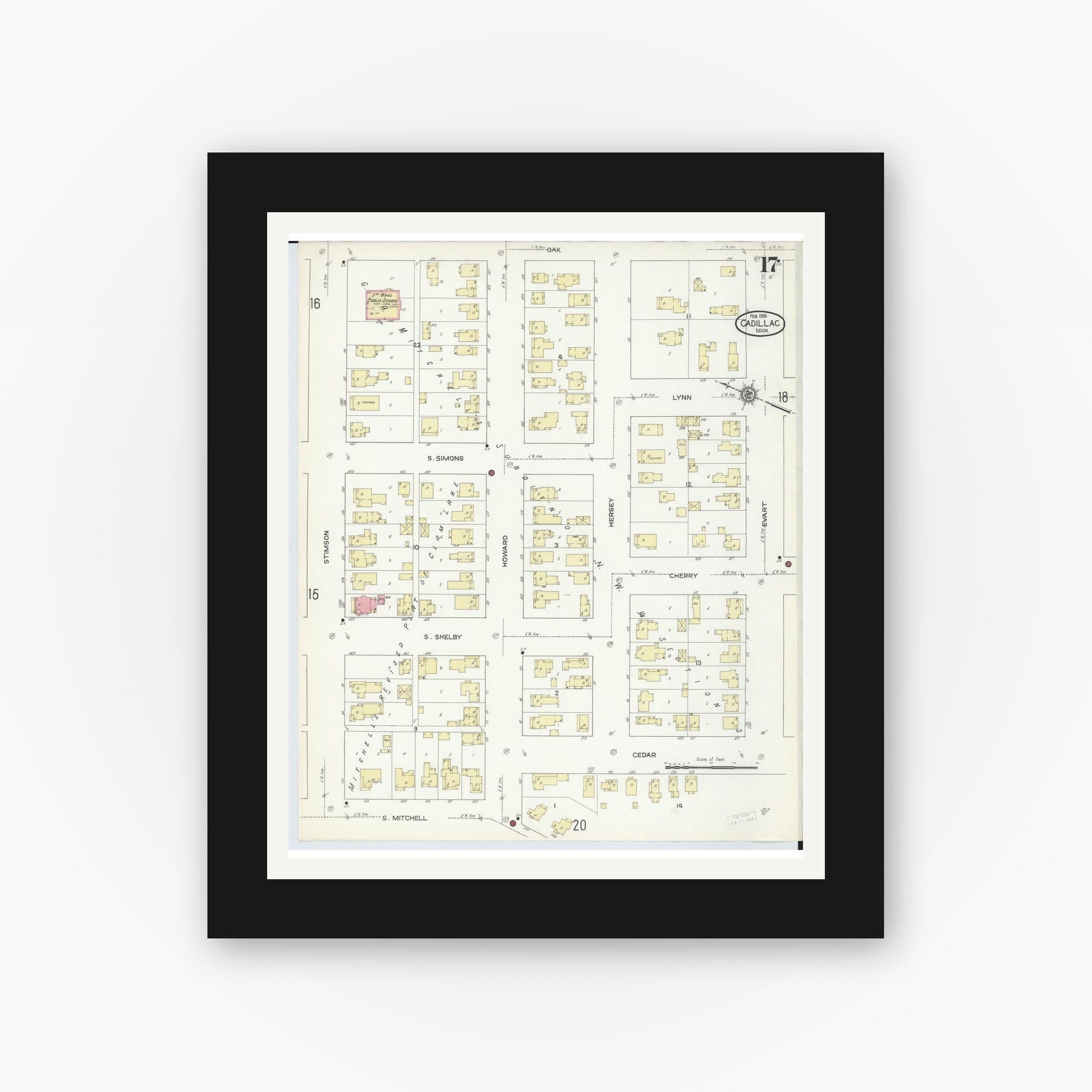 Old map wall art mockup — black gallery frame with white mat — Sanborn Fire Insurance Map from Cadillac, Wexford County, Michigan (1914), Sheet #0017