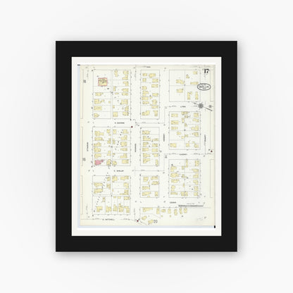 Old map wall art mockup — black gallery frame with white mat — Sanborn Fire Insurance Map from Cadillac, Wexford County, Michigan (1914), Sheet #0017