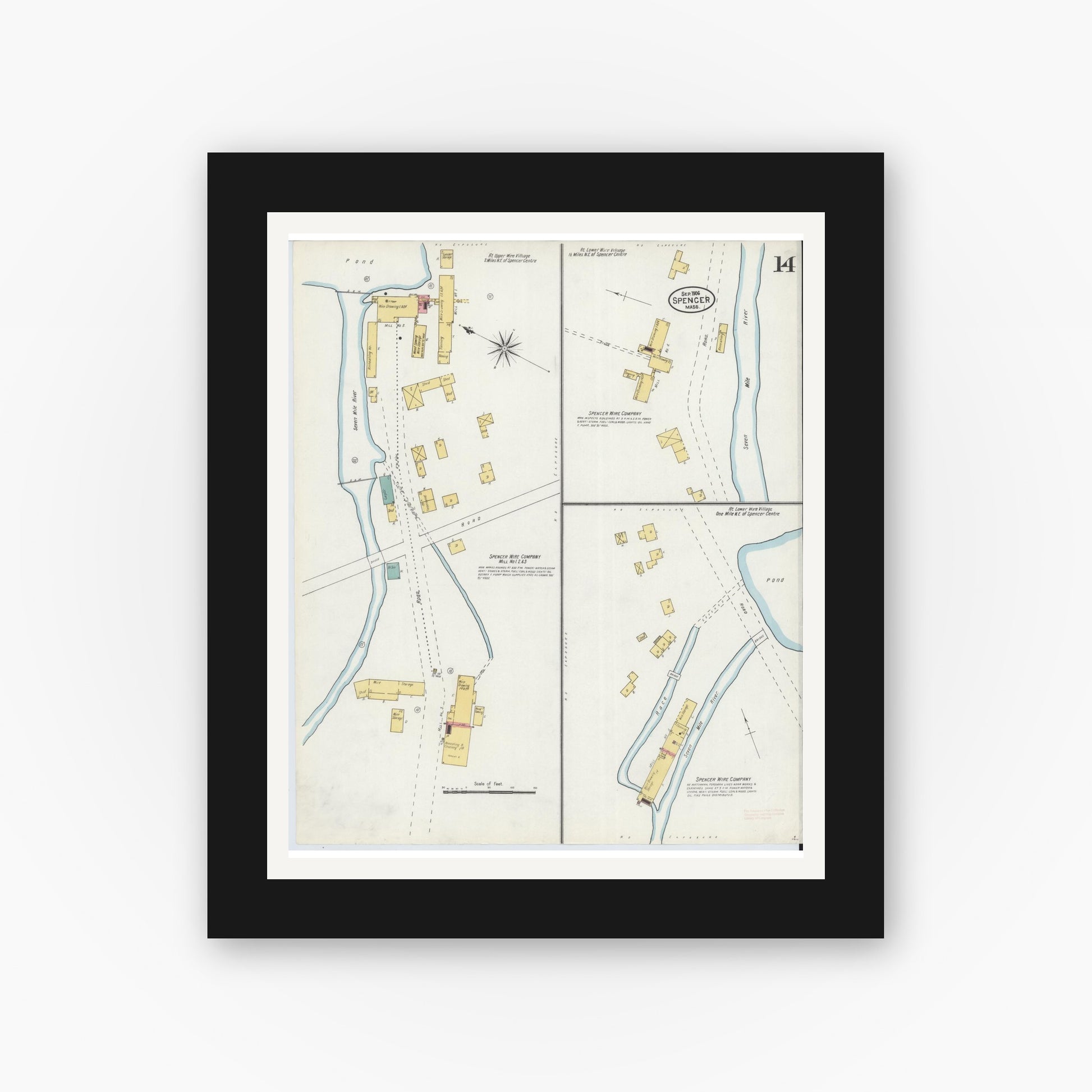 Old map wall art mockup — black gallery frame with white mat — Sanborn Fire Insurance Map from Spencer, Worcester County, Massachusetts (1906), Sheet #0014