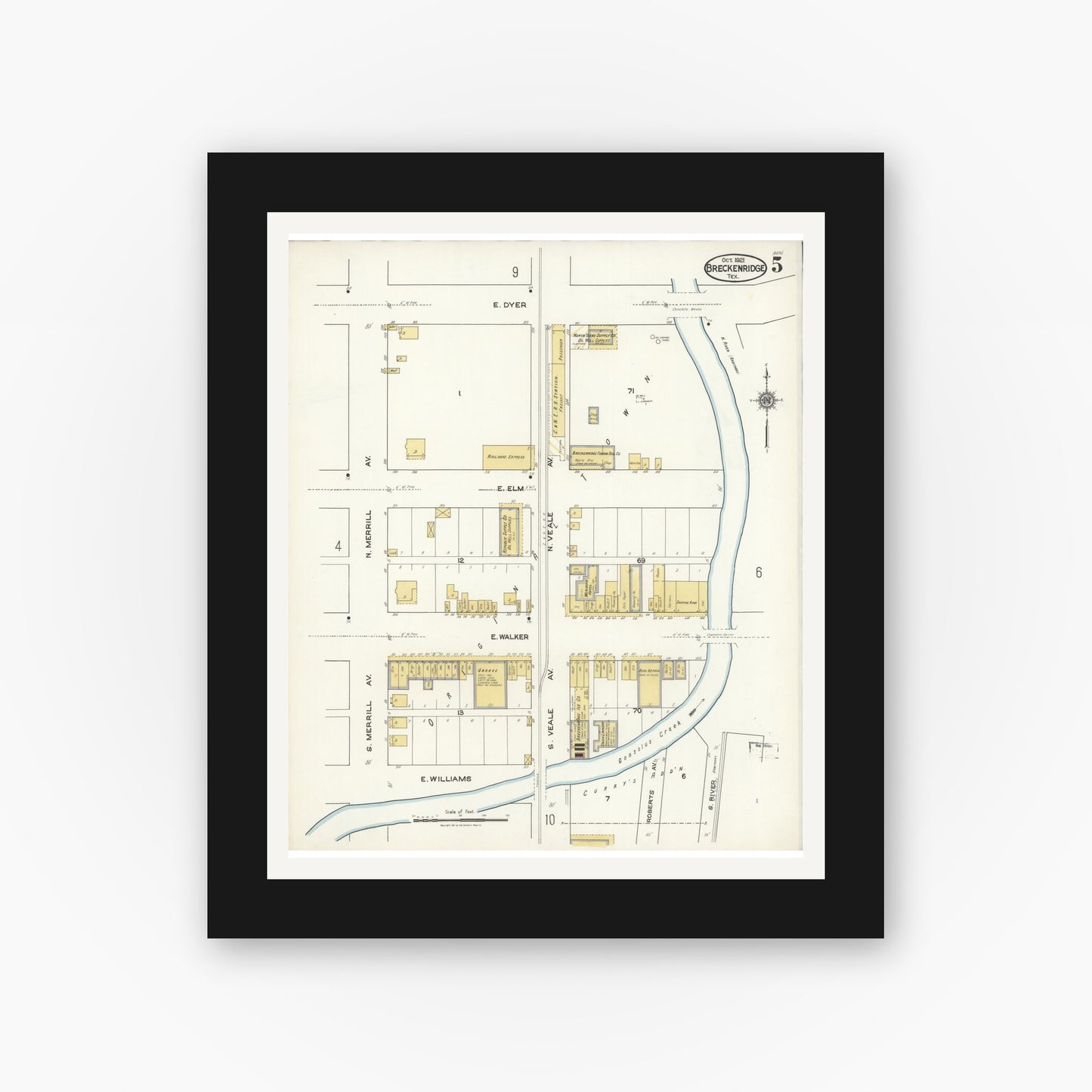 Old map wall art mockup — black gallery frame with white mat — Sanborn Fire Insurance Map from Breckenridge, Stephens County, Texas (1921), Sheet #0005