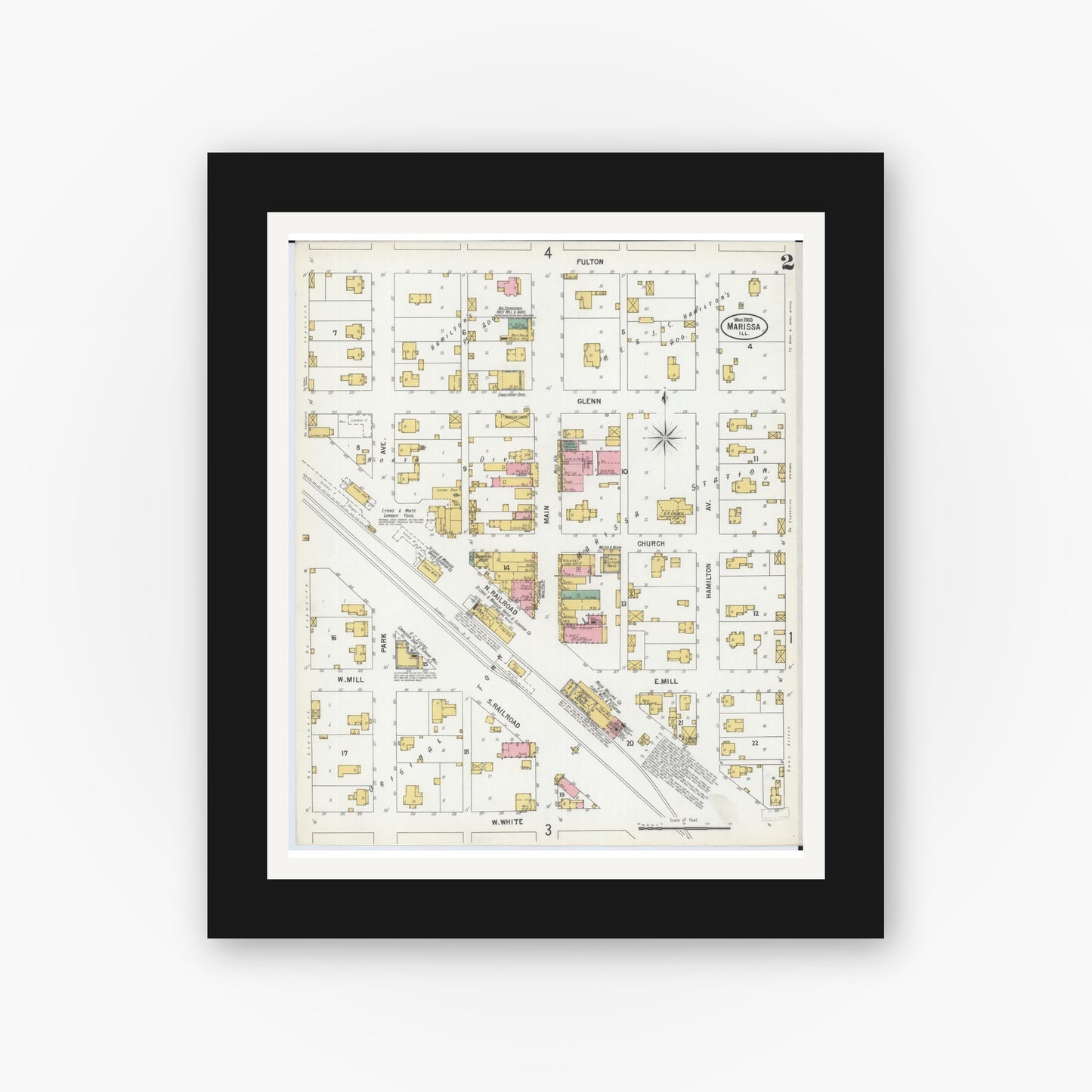 Old map wall art mockup — black gallery frame with white mat — Sanborn Fire Insurance Map from Marissa, Saint Clair County, Illinois (1900), Sheet #0002