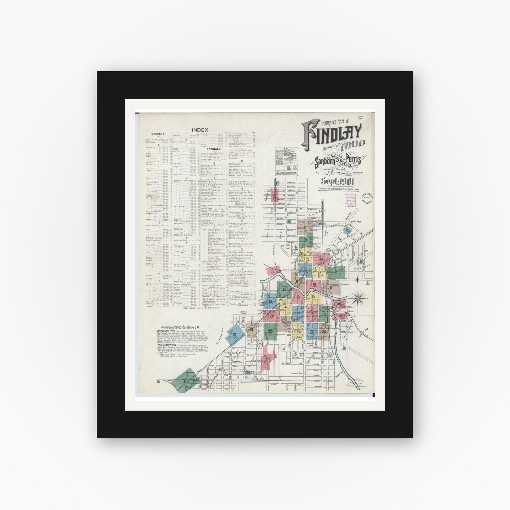 Old map wall art mockup — black gallery frame with white mat — Sanborn Fire Insurance Map from Findlay, Hancock County, Ohio (1901) - Complete Map Set