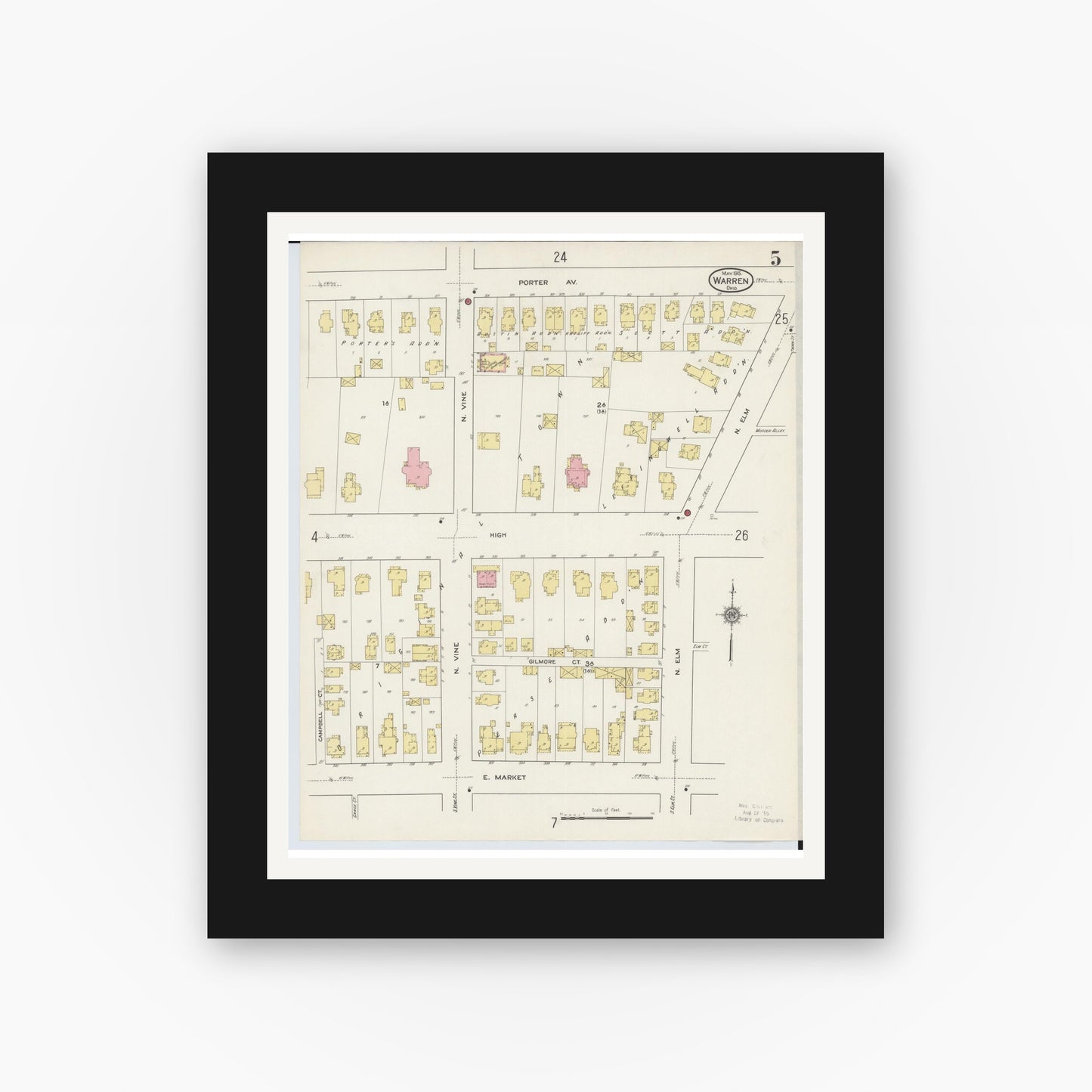 Old map wall art mockup — black gallery frame with white mat — Sanborn Fire Insurance Map from Warren, Trumbull County, Ohio (1915), Sheet #0005