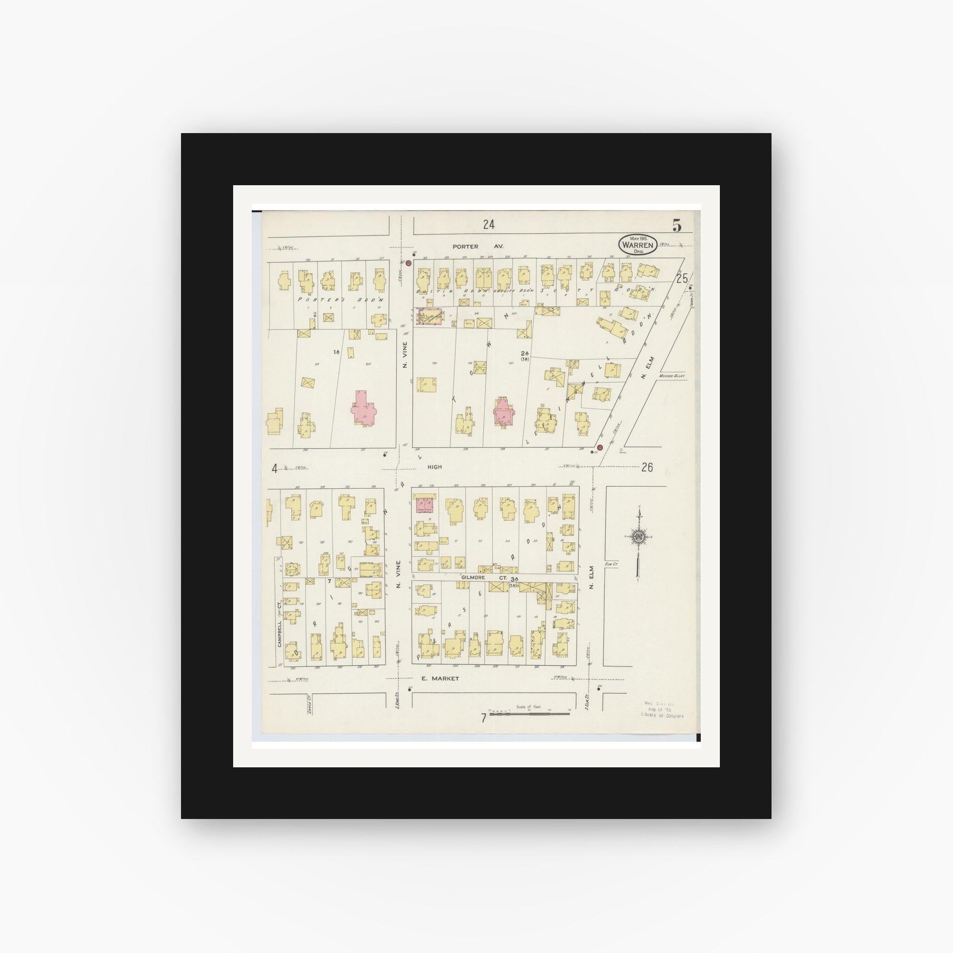 Old map wall art mockup — black gallery frame with white mat — Sanborn Fire Insurance Map from Warren, Trumbull County, Ohio (1915), Sheet #0005