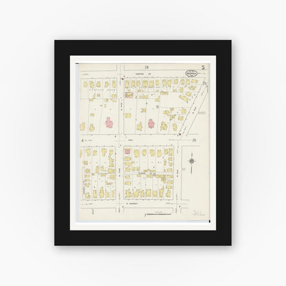 Old map wall art mockup — black gallery frame with white mat — Sanborn Fire Insurance Map from Warren, Trumbull County, Ohio (1915), Sheet #0005