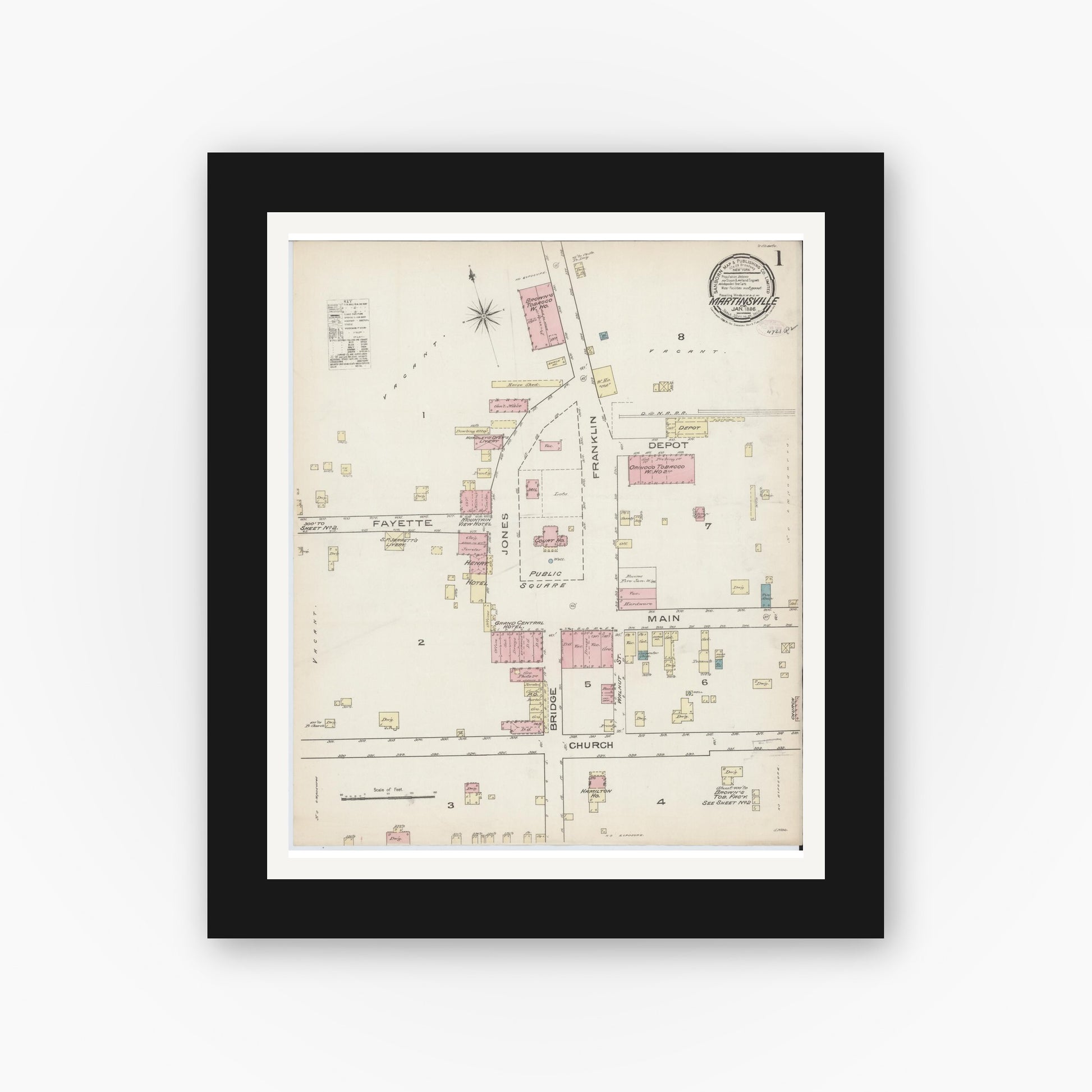 Old map wall art mockup — black gallery frame with white mat — Sanborn Fire Insurance Map from Martinsville, Independent Cities, Virginia (1886), Sheet #0001