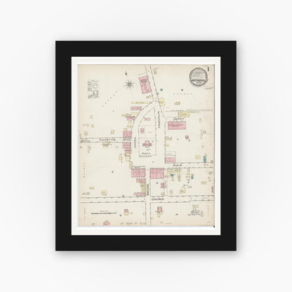 Old map wall art mockup — black gallery frame with white mat — Sanborn Fire Insurance Map from Martinsville, Independent Cities, Virginia (1886), Sheet #0001