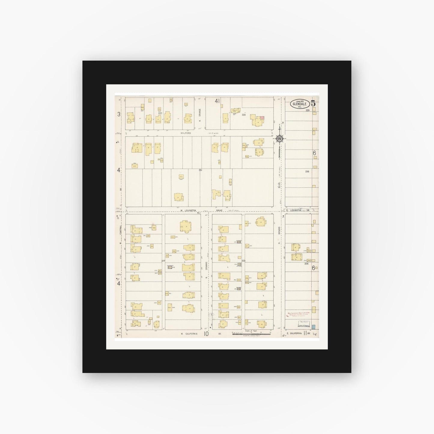 Old map wall art mockup — black gallery frame with white mat — Sanborn Fire Insurance Map from Glendale, Los Angeles County, California (1919), Sheet #0005