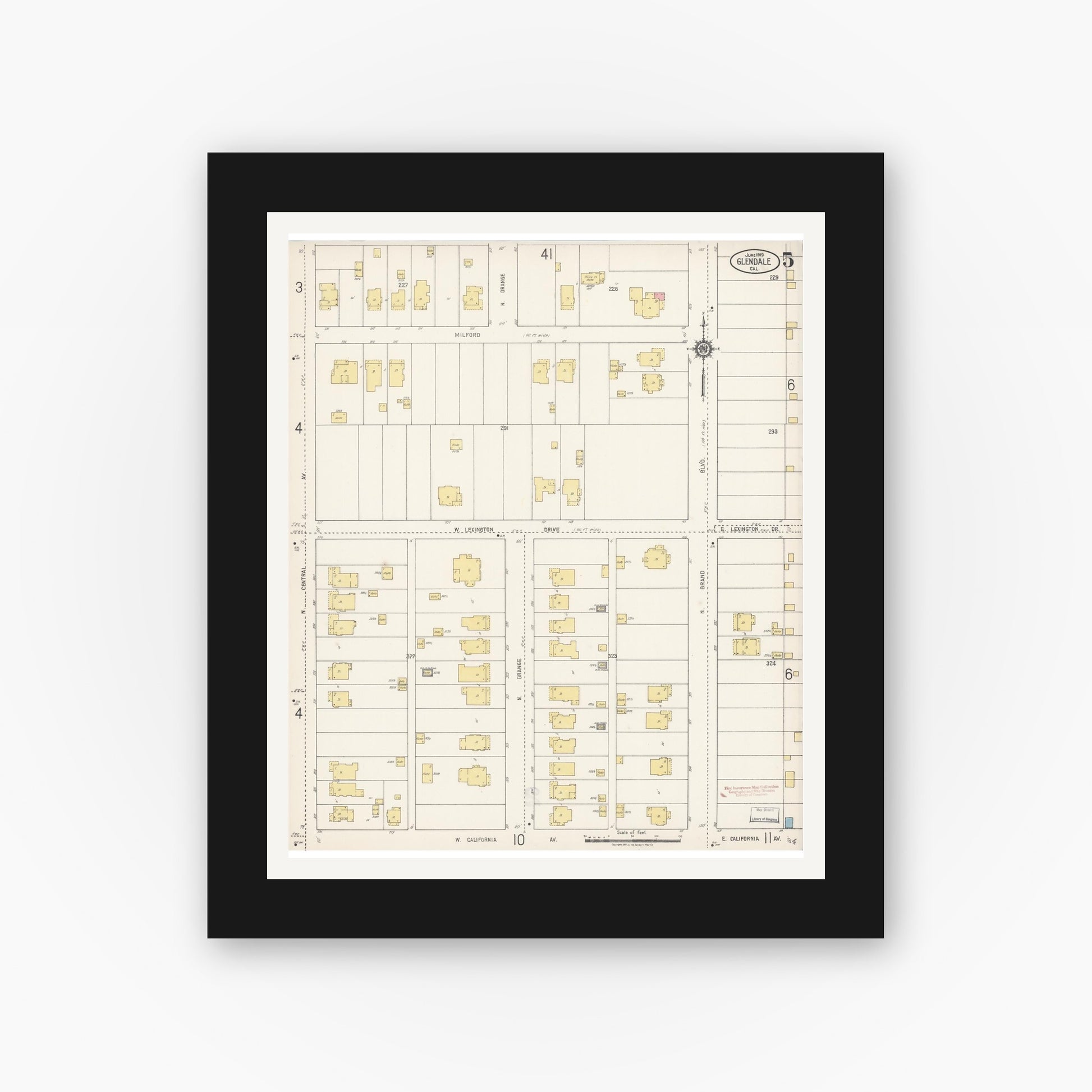 Old map wall art mockup — black gallery frame with white mat — Sanborn Fire Insurance Map from Glendale, Los Angeles County, California (1919), Sheet #0005