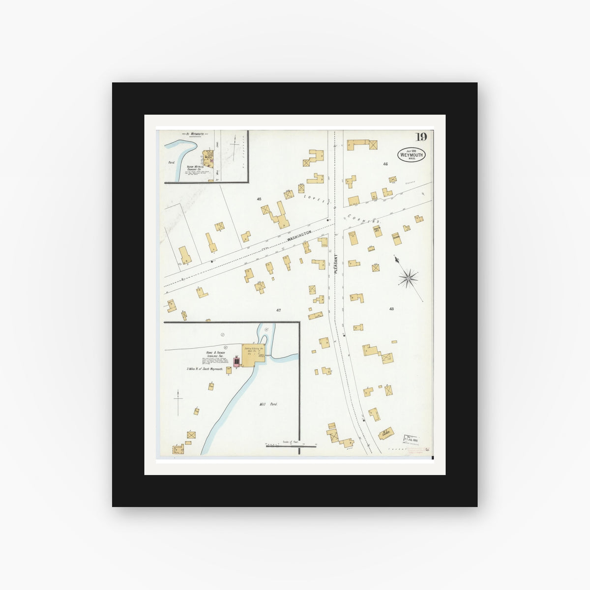 Old map wall art mockup — black gallery frame with white mat — Sanborn Fire Insurance Map from Weymouth, Norfolk County, Massachusetts (1899), Sheet #0019