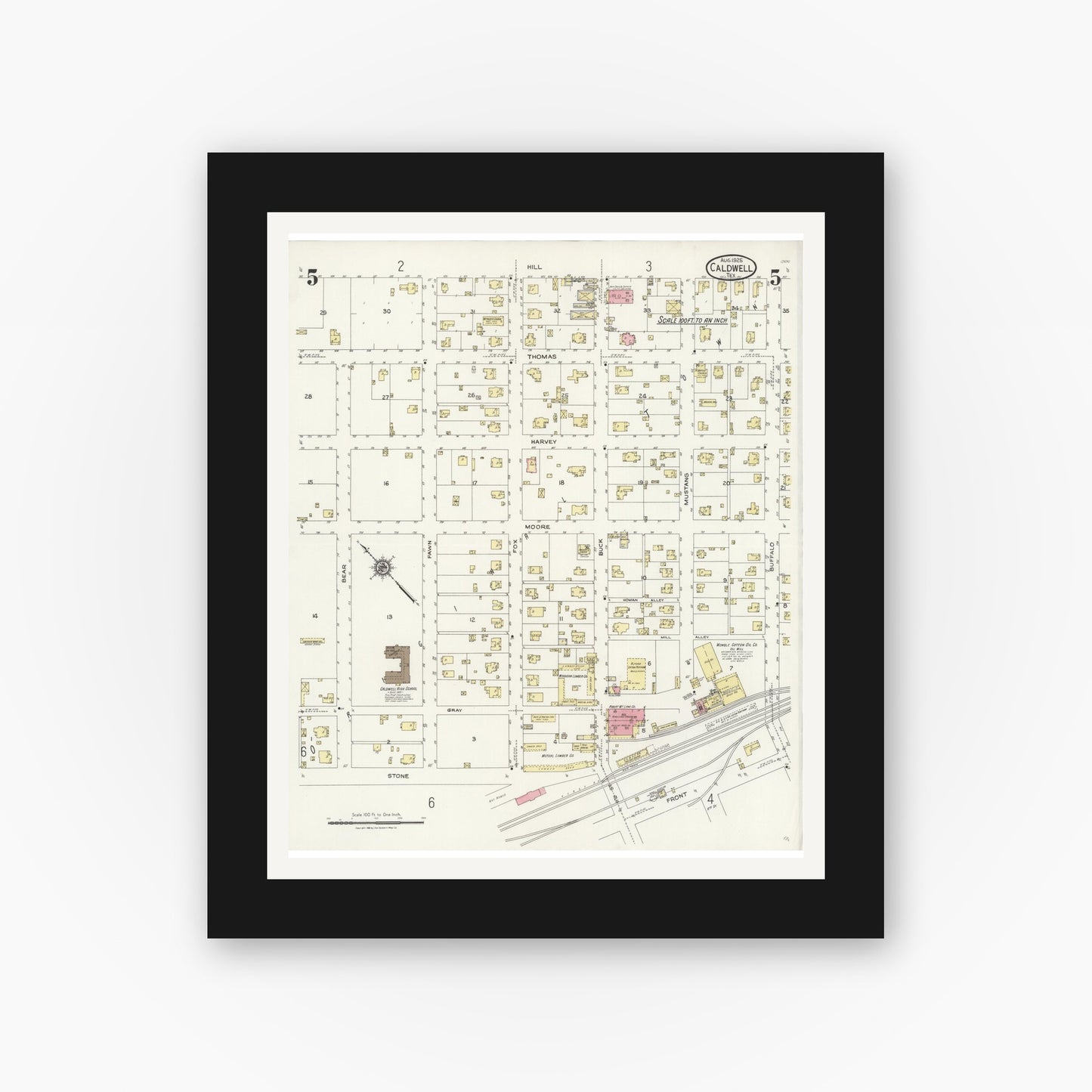 Old map wall art mockup — black gallery frame with white mat — Sanborn Fire Insurance Map from Caldwell, Burleson County, Texas (1925), Sheet #0005