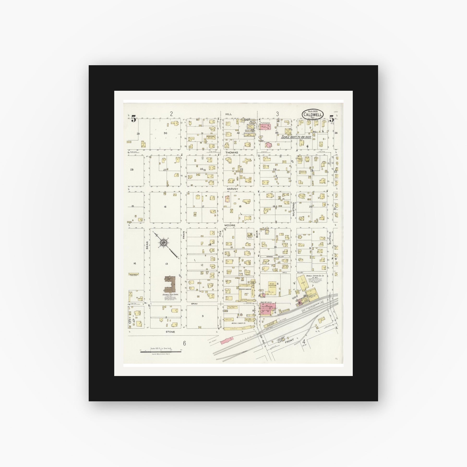 Old map wall art mockup — black gallery frame with white mat — Sanborn Fire Insurance Map from Caldwell, Burleson County, Texas (1925), Sheet #0005