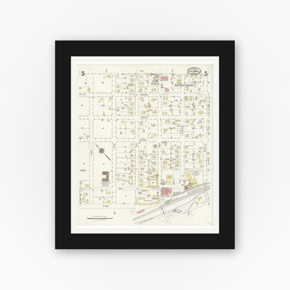 Old map wall art mockup — black gallery frame with white mat — Sanborn Fire Insurance Map from Caldwell, Burleson County, Texas (1925), Sheet #0005