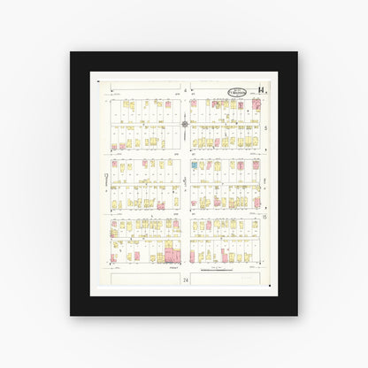Old map wall art mockup — black gallery frame with white mat — Sanborn Fire Insurance Map from Fort Madison, Lee County, Iowa (1913), Sheet #0014