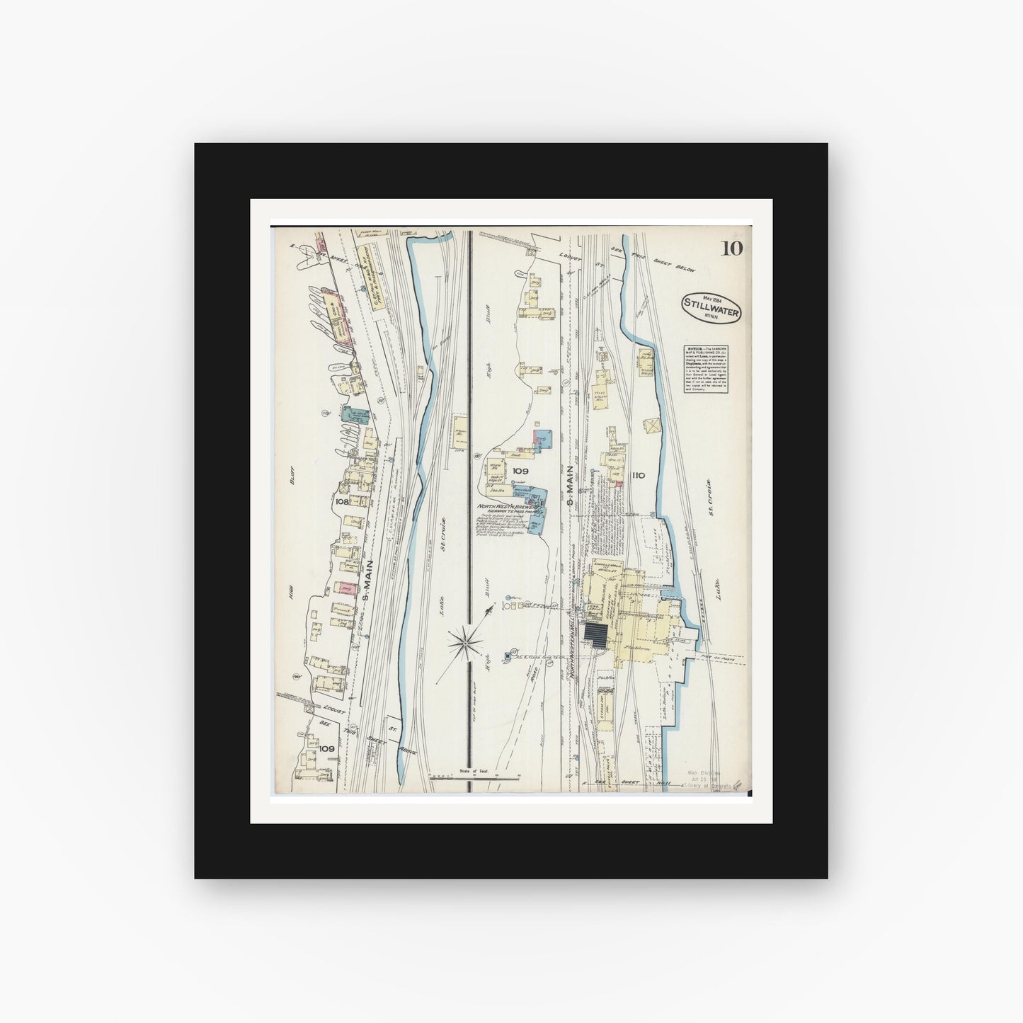Old map wall art mockup — black gallery frame with white mat — Sanborn Fire Insurance Map from Stillwater, Washington County, Minnesota (1884), Sheet #0010