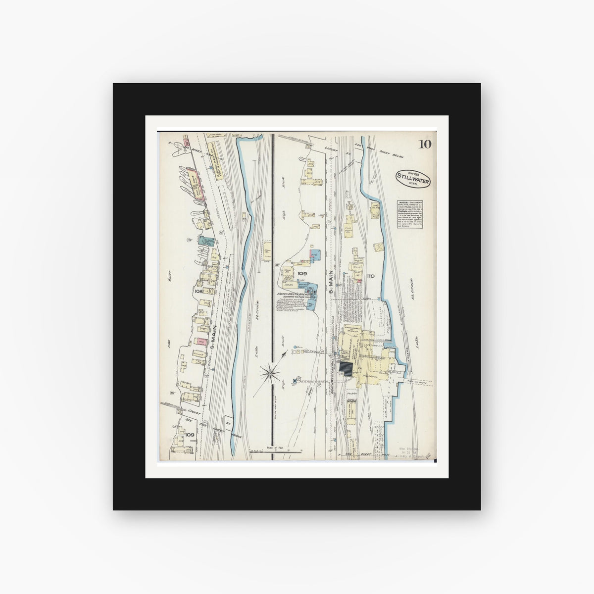 Old map wall art mockup — black gallery frame with white mat — Sanborn Fire Insurance Map from Stillwater, Washington County, Minnesota (1884), Sheet #0010
