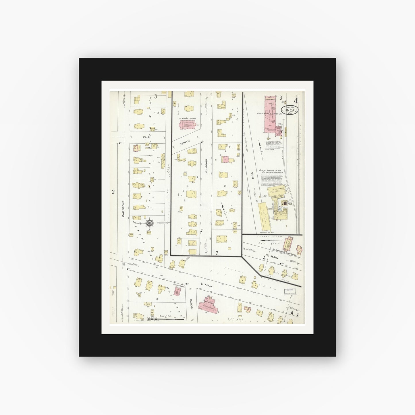 Old map wall art mockup — black gallery frame with white mat — Sanborn Fire Insurance Map from Juneau, Dodge County, Wisconsin (1914), Sheet #0004