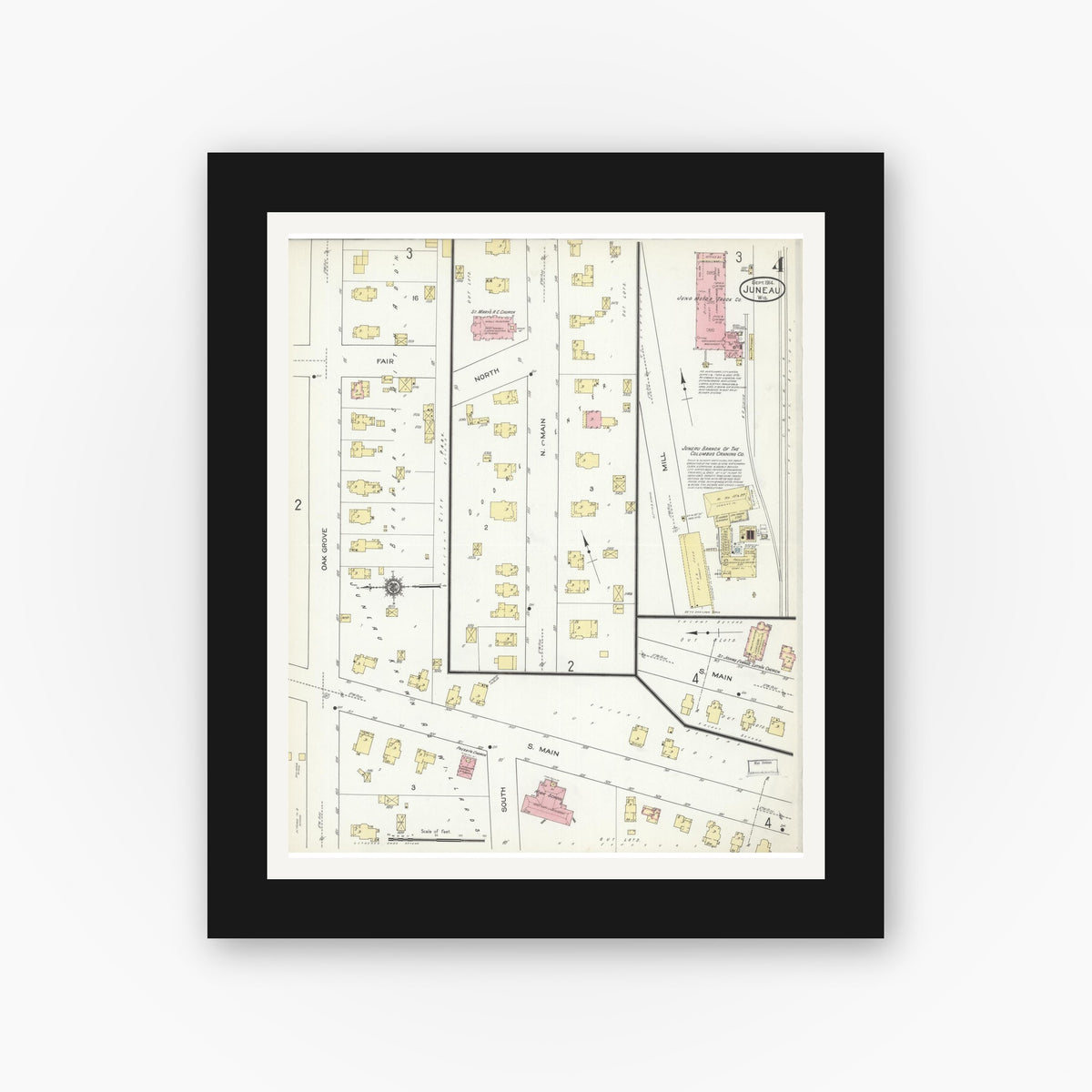 Old map wall art mockup — black gallery frame with white mat — Sanborn Fire Insurance Map from Juneau, Dodge County, Wisconsin (1914), Sheet #0004