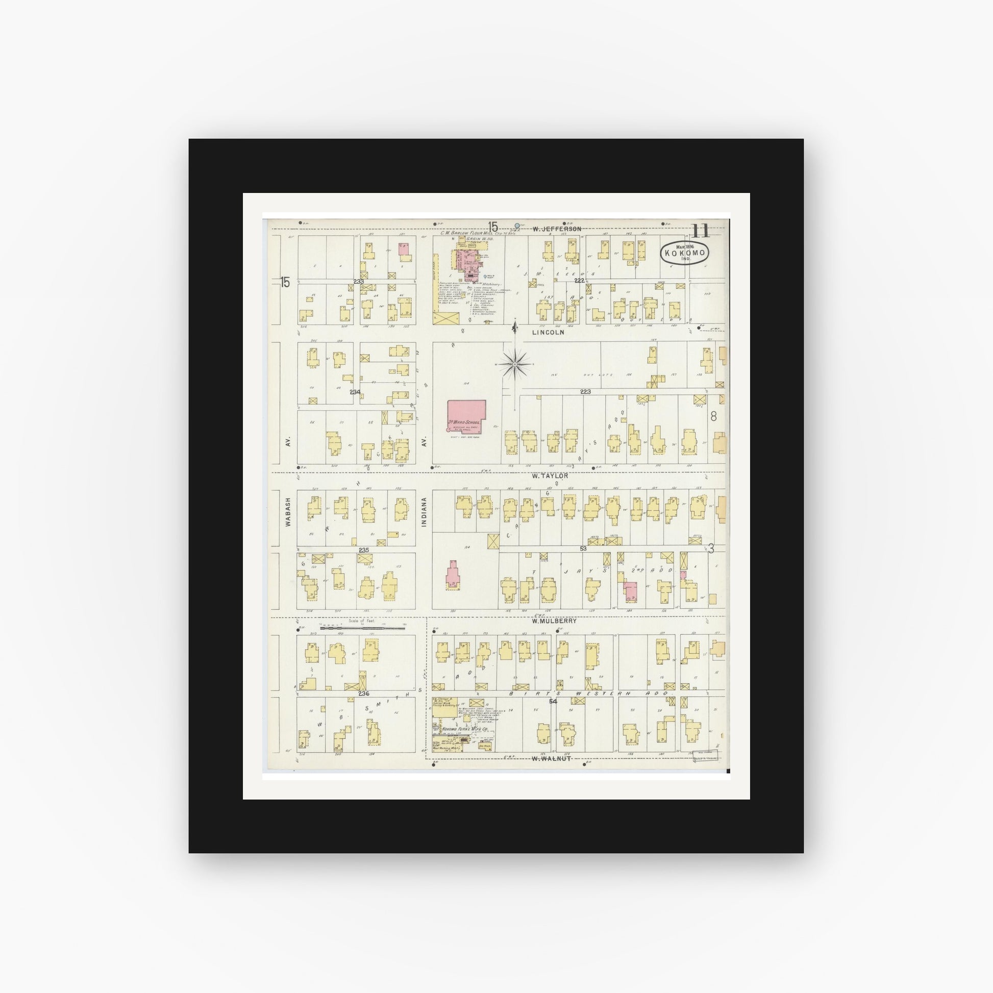 Old map wall art mockup — black gallery frame with white mat — Sanborn Fire Insurance Map from Kokomo, Howard County, Indiana (1896), Sheet #0011