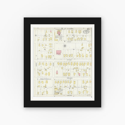 Old map wall art mockup — black gallery frame with white mat — Sanborn Fire Insurance Map from Kokomo, Howard County, Indiana (1896), Sheet #0011