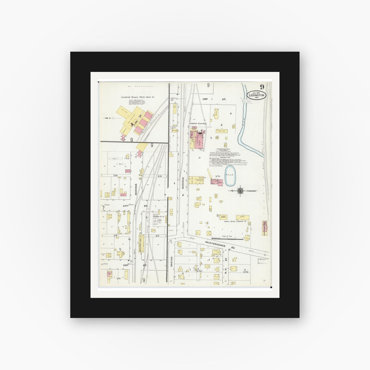Old map wall art mockup — black gallery frame with white mat — Sanborn Fire Insurance Map from Lexington, Lafayette County, Missouri (1910), Sheet #0009