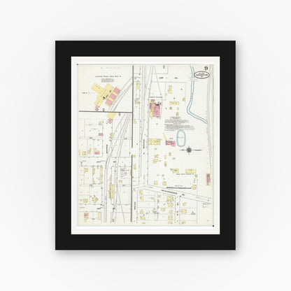 Old map wall art mockup — black gallery frame with white mat — Sanborn Fire Insurance Map from Lexington, Lafayette County, Missouri (1910), Sheet #0009