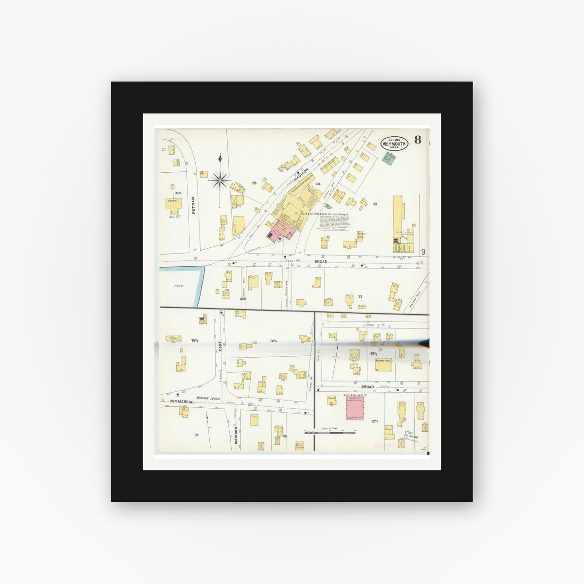 Old map wall art mockup — black gallery frame with white mat — Sanborn Fire Insurance Map from Weymouth, Norfolk County, Massachusetts (1904), Sheet #0008