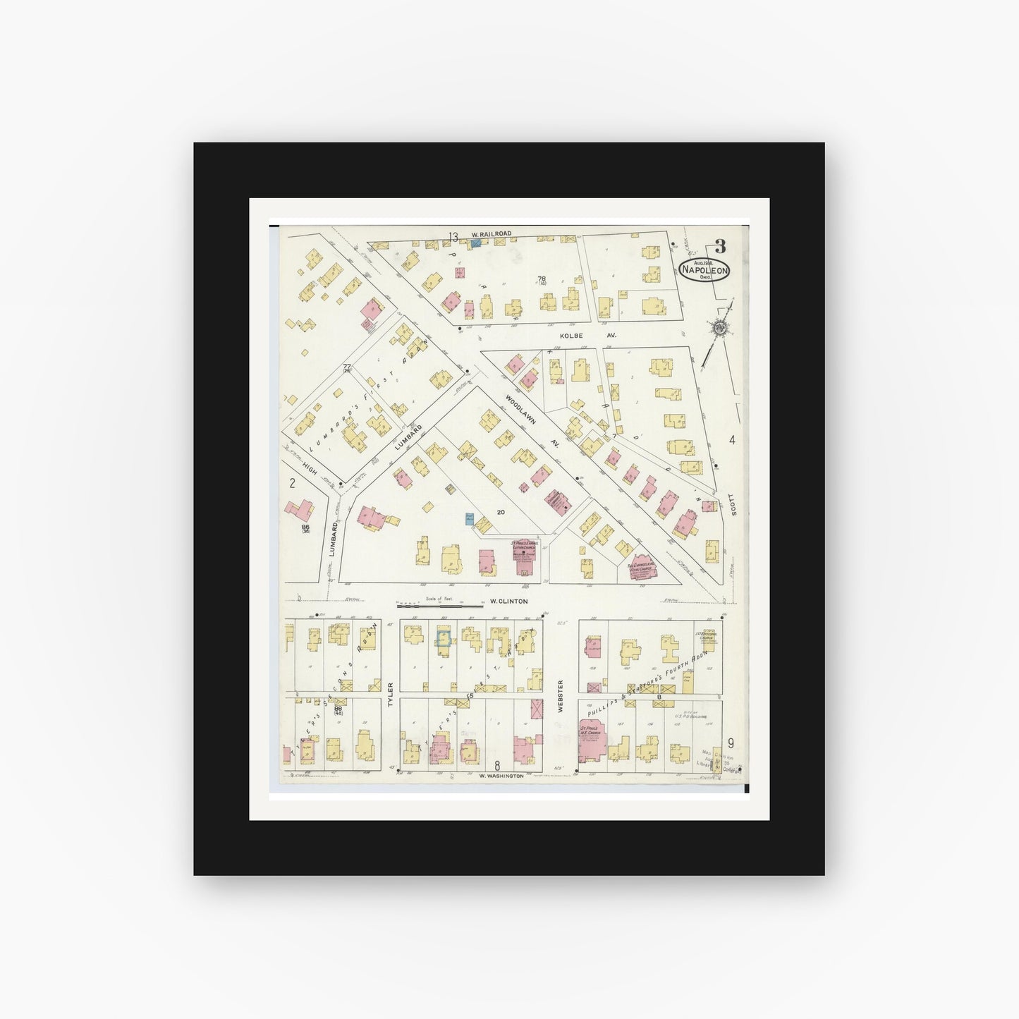 Old map wall art mockup — black gallery frame with white mat — Sanborn Fire Insurance Map from Napoleon, Henry County, Ohio (1916), Sheet #0003