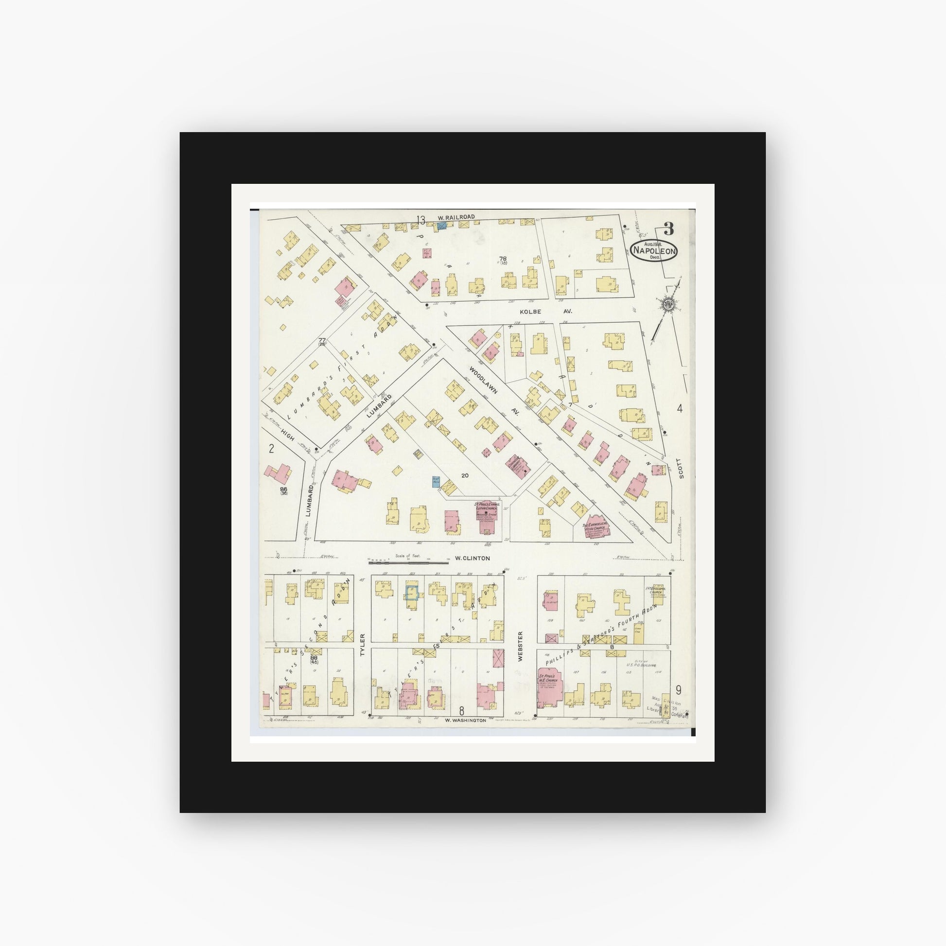 Old map wall art mockup — black gallery frame with white mat — Sanborn Fire Insurance Map from Napoleon, Henry County, Ohio (1916), Sheet #0003