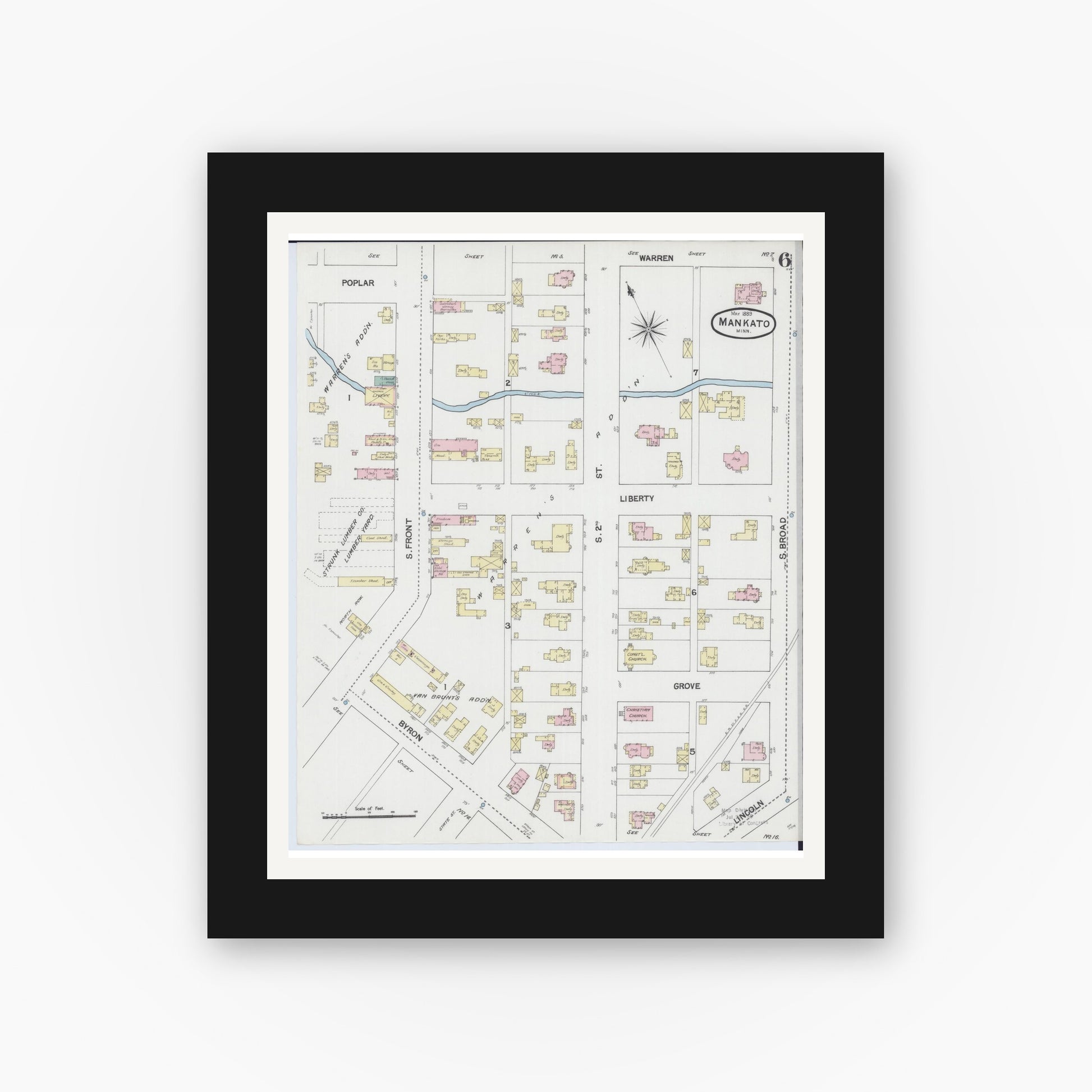 Old map wall art mockup — black gallery frame with white mat — Sanborn Fire Insurance Map from Mankato, Blue Earth County, Minnesota (1889), Sheet #0006