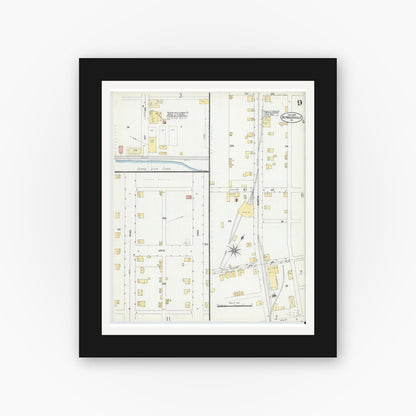 Old map wall art mockup — black gallery frame with white mat — Sanborn Fire Insurance Map from Reynoldsville, Jefferson County, Pennsylvania (1906), Sheet #0009