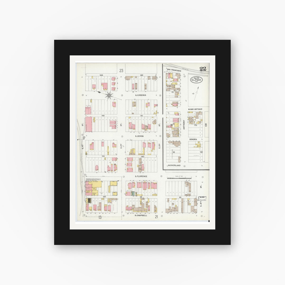 Old map wall art mockup — black gallery frame with white mat — Sanborn Fire Insurance Map from El Paso, El Paso County, Texas (1902), Sheet #0022