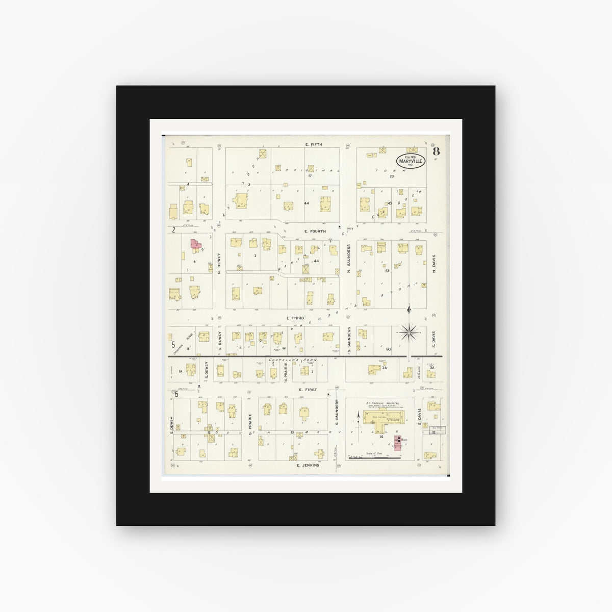 Old map wall art mockup — black gallery frame with white mat — Sanborn Fire Insurance Map from Maryville, Nodaway County, Missouri (1909), Sheet #0008