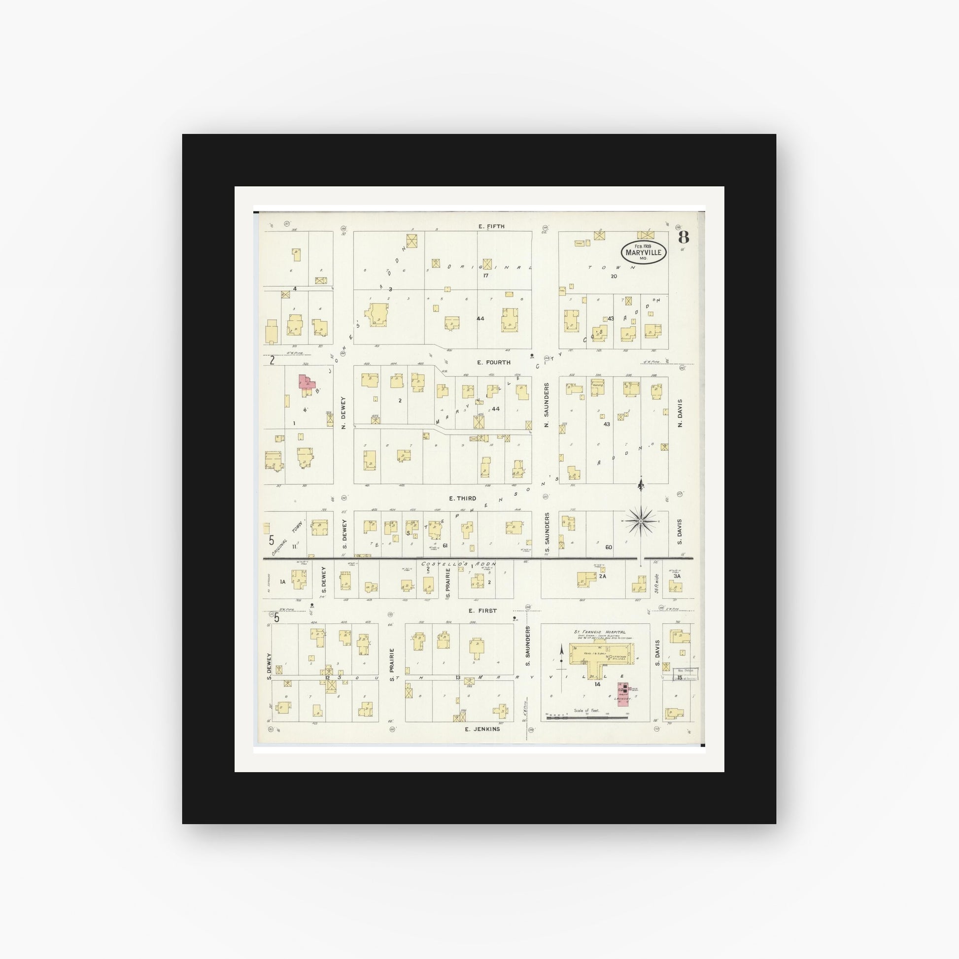 Old map wall art mockup — black gallery frame with white mat — Sanborn Fire Insurance Map from Maryville, Nodaway County, Missouri (1909), Sheet #0008
