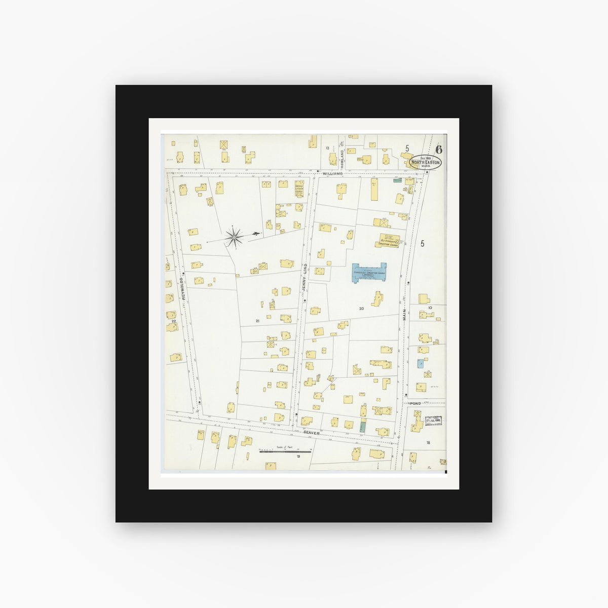Old map wall art mockup — black gallery frame with white mat — Sanborn Fire Insurance Map from North Easton, Bristol County, Massachusetts (1903), Sheet #0006