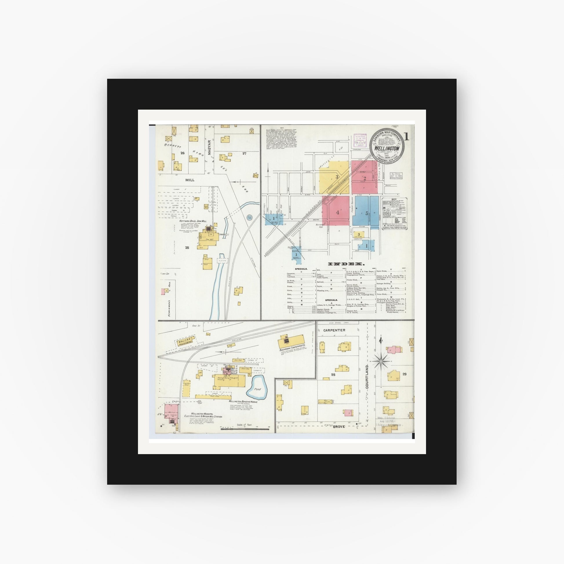 Old map wall art mockup — black gallery frame with white mat — Sanborn Fire Insurance Map from Wellington, Lorain County, Ohio (1904), Sheet #0001
