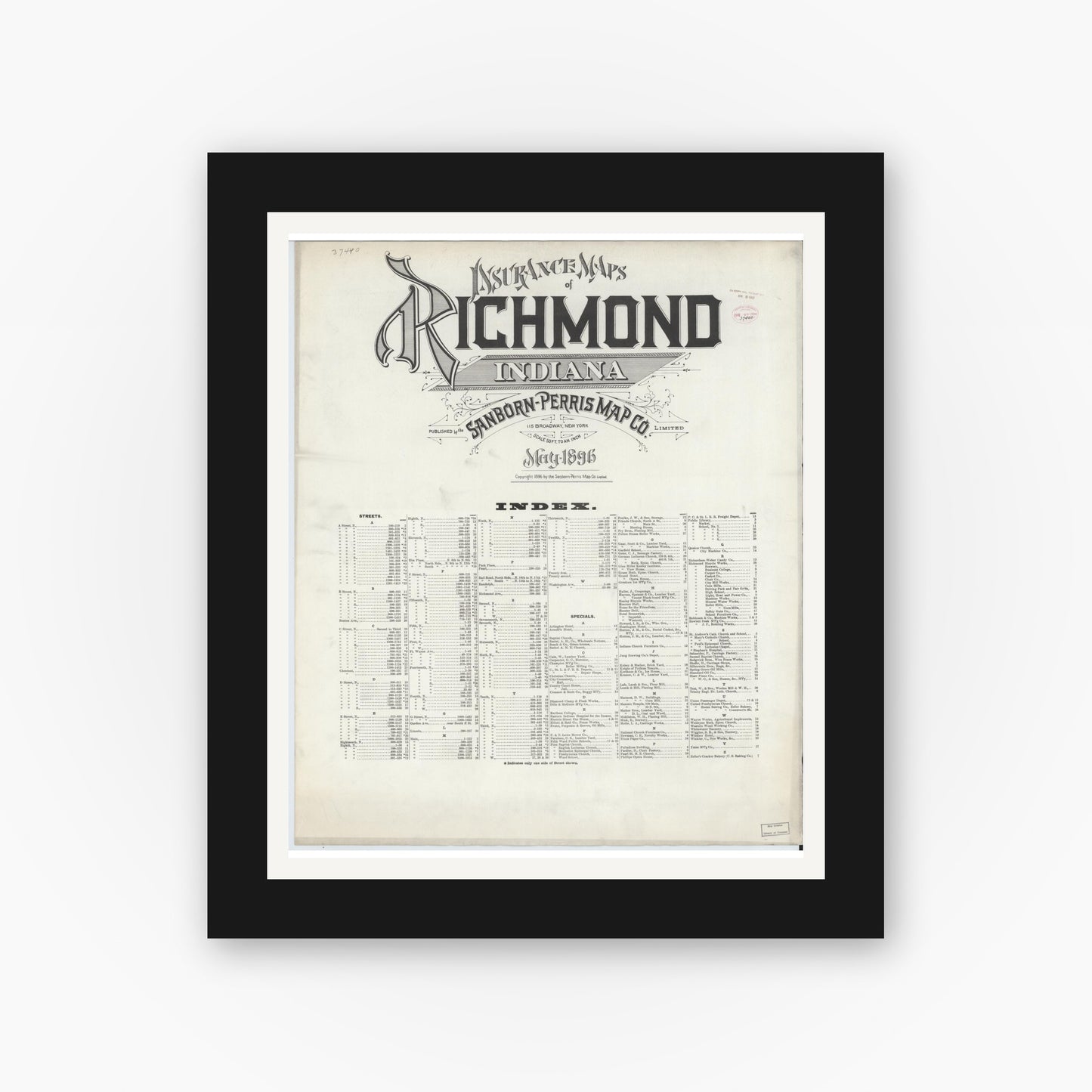 Old map wall art mockup — black gallery frame with white mat — Sanborn Fire Insurance Map from Richmond, Wayne County, Indiana (1896), Sheet #0001