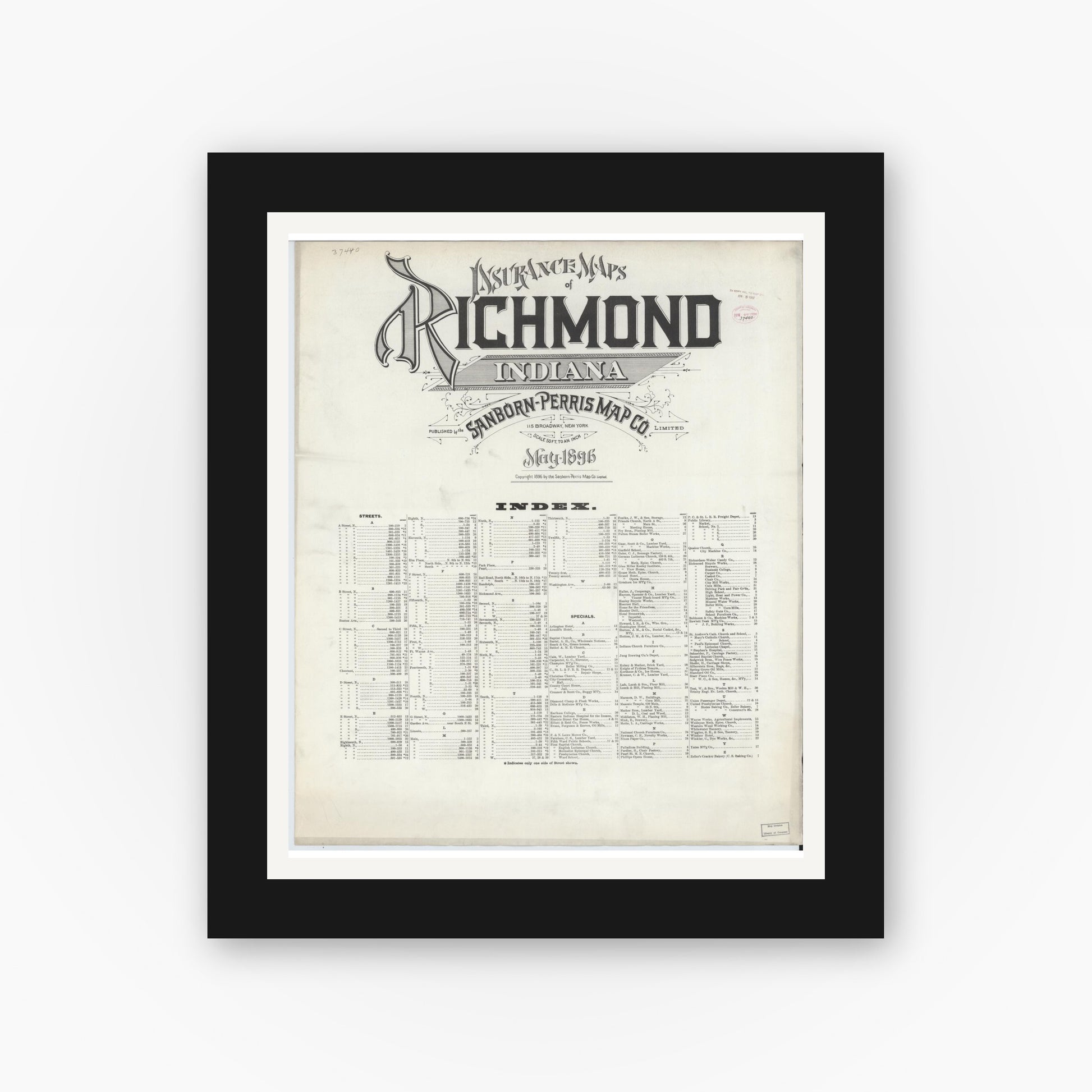 Old map wall art mockup — black gallery frame with white mat — Sanborn Fire Insurance Map from Richmond, Wayne County, Indiana (1896), Sheet #0001