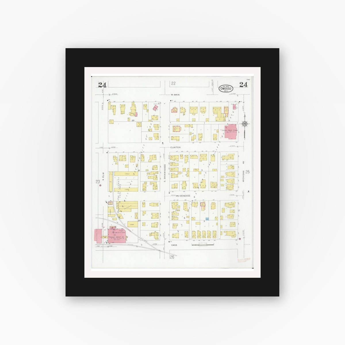 Old map wall art mockup — black gallery frame with white mat — Sanborn Fire Insurance Map from Owosso, Shiawassee County, Michigan (1930), Sheet #0024