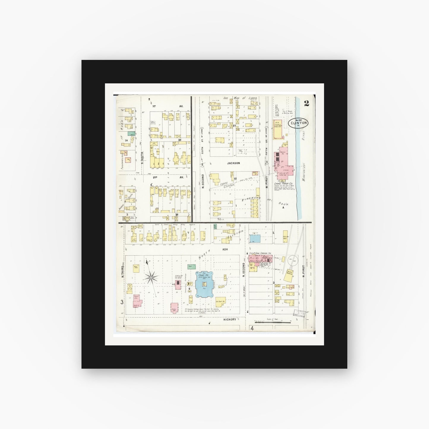 Old map wall art mockup — black gallery frame with white mat — Sanborn Fire Insurance Map from Clinton, Clinton County, Iowa (1897), Sheet #0002