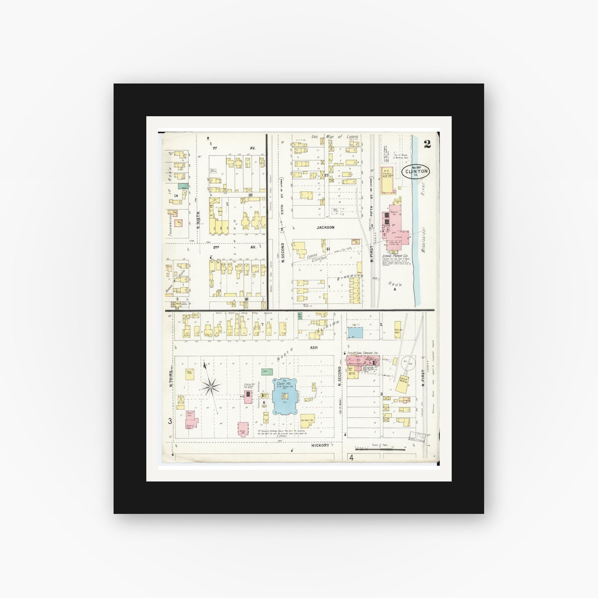 Old map wall art mockup — black gallery frame with white mat — Sanborn Fire Insurance Map from Clinton, Clinton County, Iowa (1897), Sheet #0002