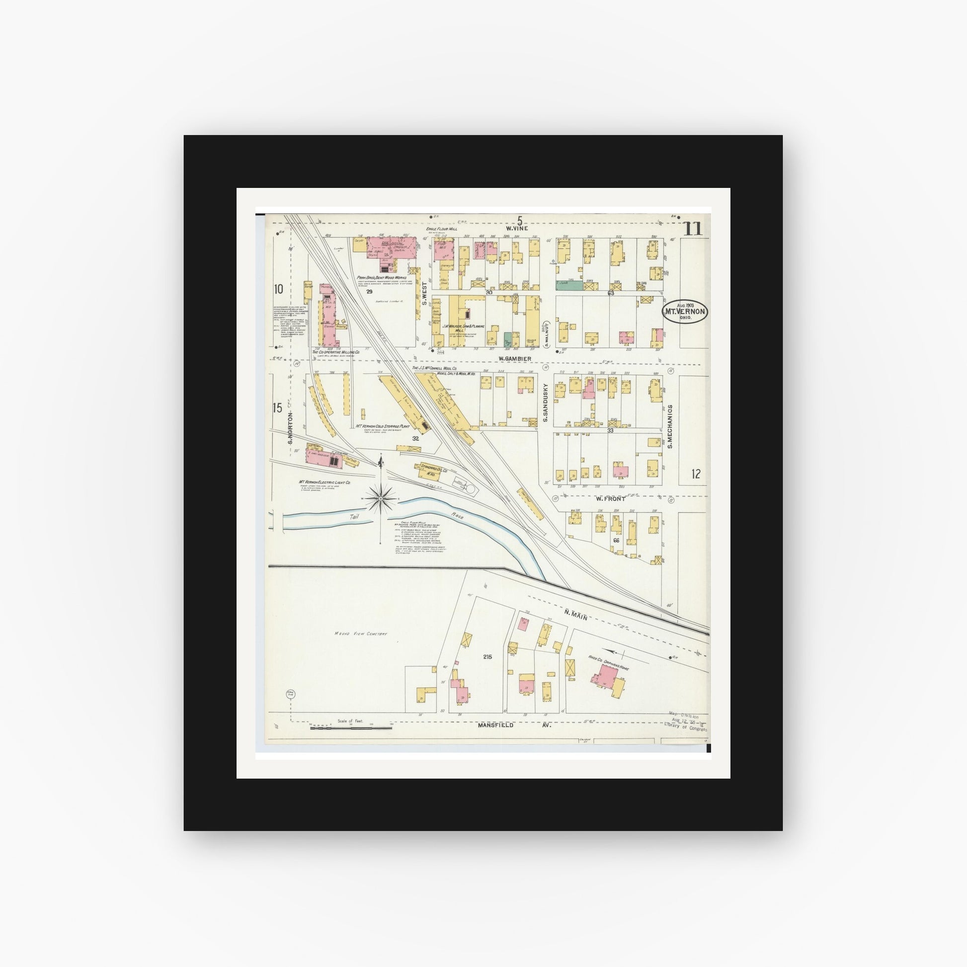 Old map wall art mockup — black gallery frame with white mat — Sanborn Fire Insurance Map from Mount Vernon, Knox County, Ohio (1903), Sheet #0011
