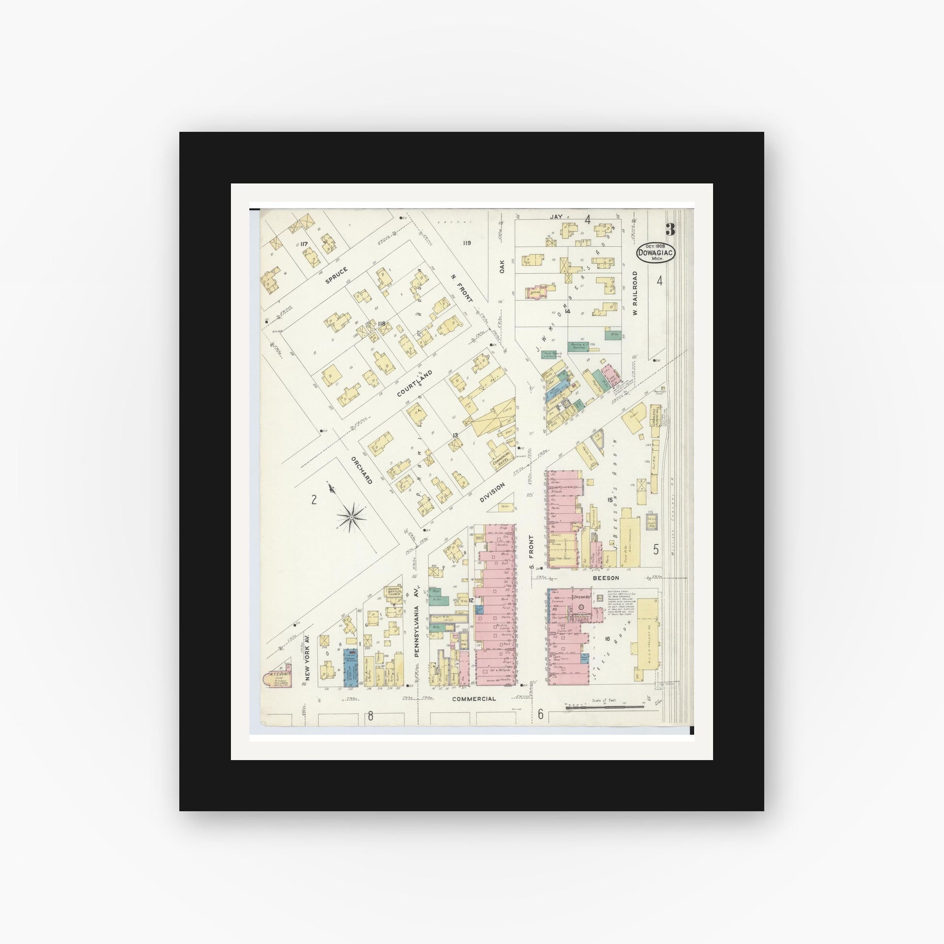 Old map wall art mockup — black gallery frame with white mat — Sanborn Fire Insurance Map from Dowagiac, Cass County, Michigan (1908), Sheet #0003