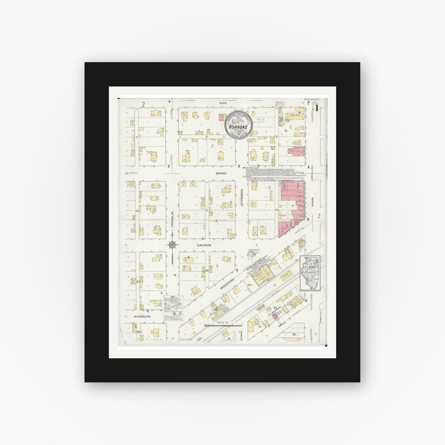 Old map wall art mockup — black gallery frame with white mat — Sanborn Fire Insurance Map from Roanoke, Woodford County, Illinois (1914), Sheet #0001